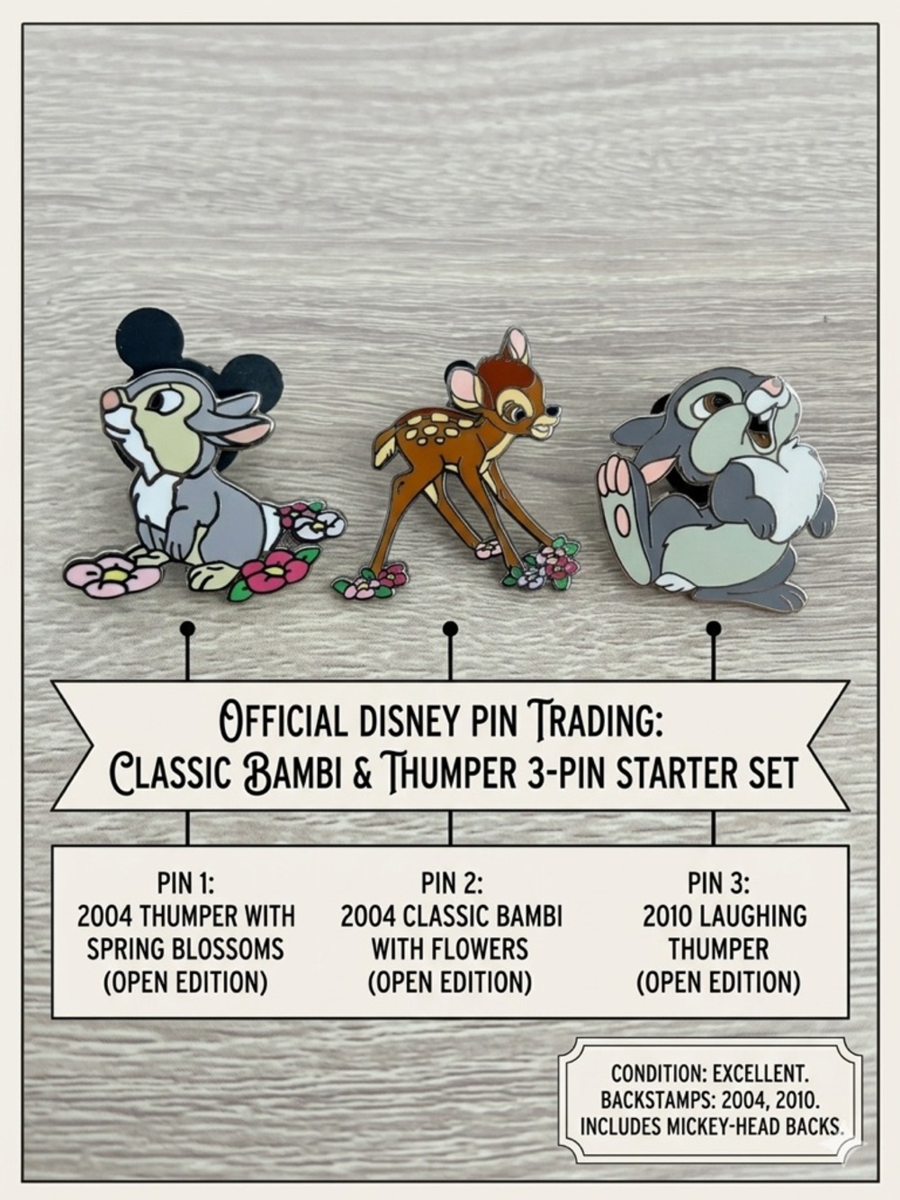 Disney Pin Set 3 Bambi & Thumper Official Trading 2004 2010 Woodland Forest Lot